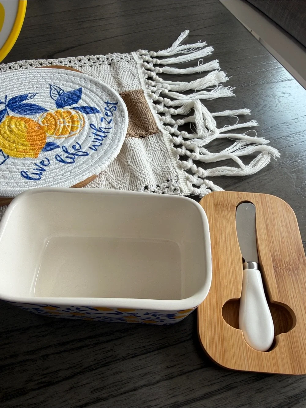 Yellow Lemon-Themed Bundle- Cutting board,trivets, coasters, & butter dish.